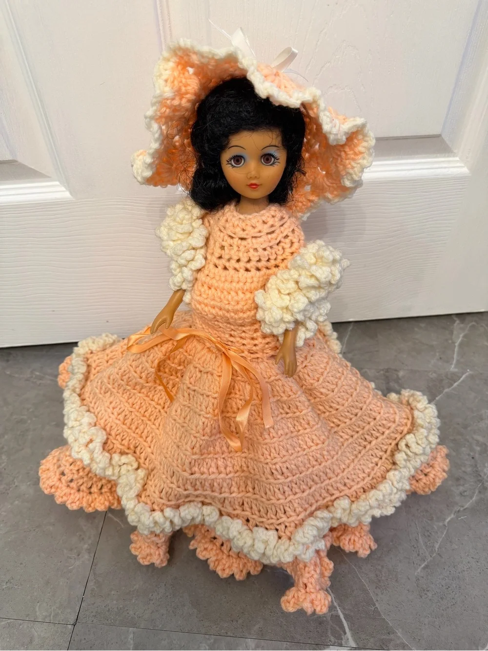 Handmade Peach and Cream Crochet Doll Dress with Bonnet - Kids Toys